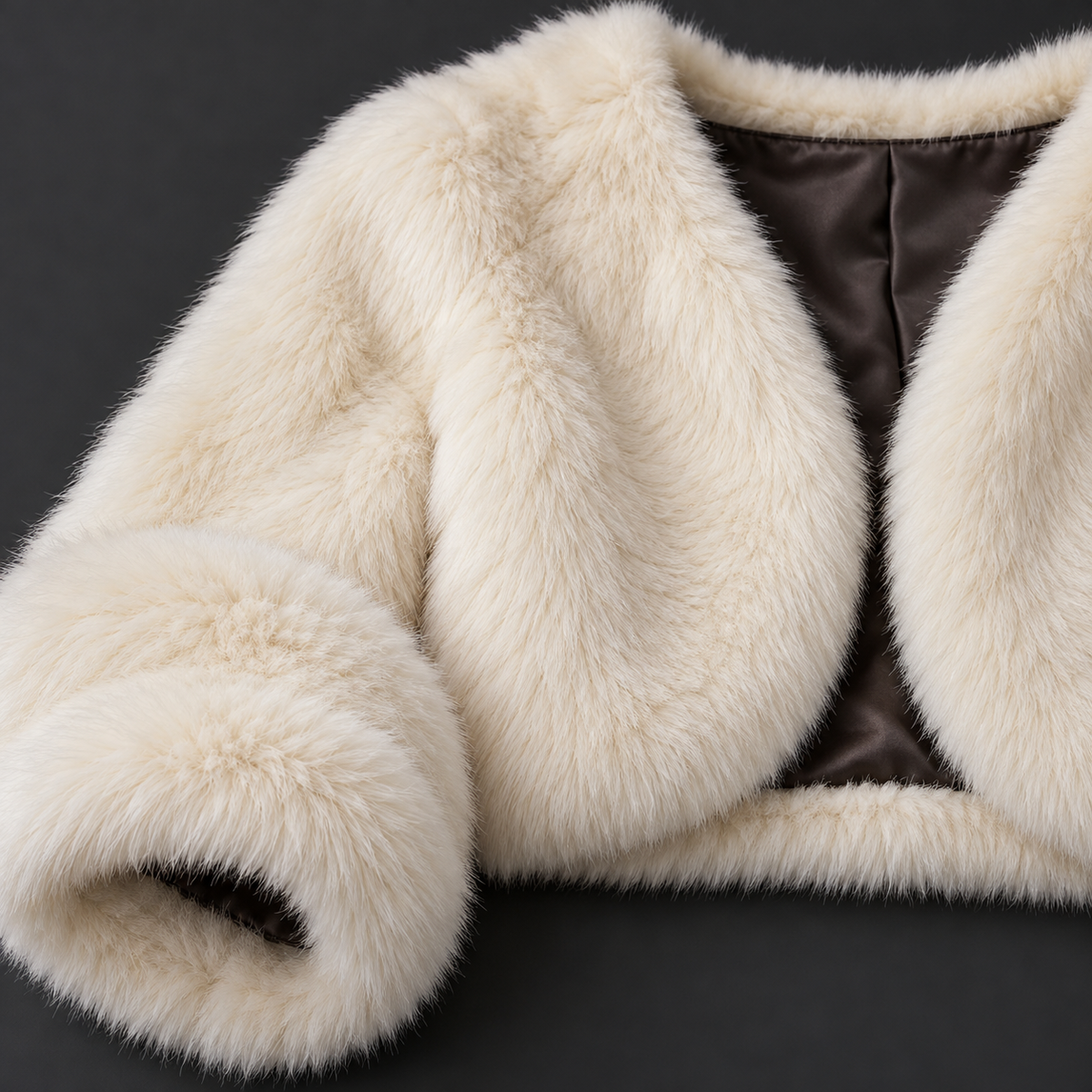 Close-up of ivory faux-fur texture, sleeve cuff and lining