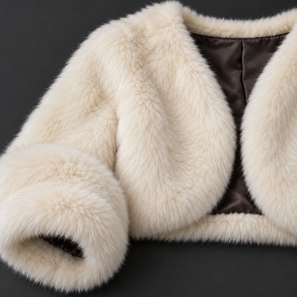 Close-up of ivory faux-fur texture, sleeve cuff and lining