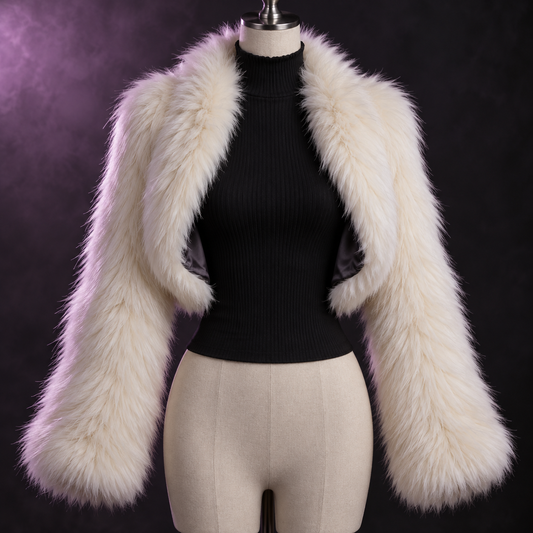 Ivory faux-fur cropped shrug displayed over a black top
