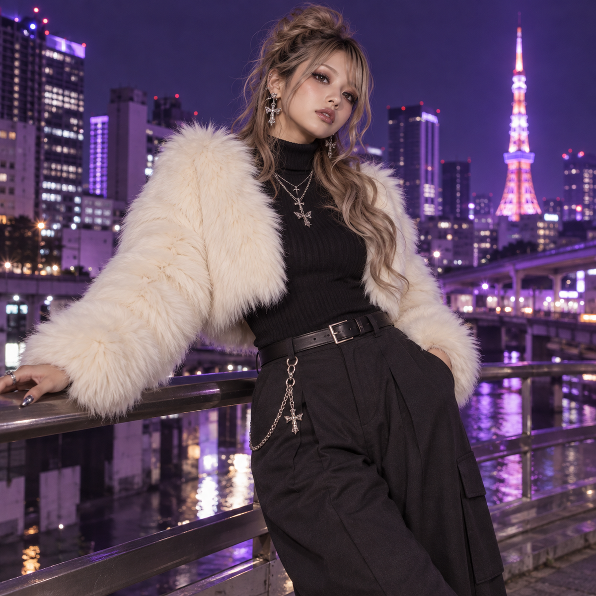 Ivory faux-fur shrug styled over black layers in Tokyo at night