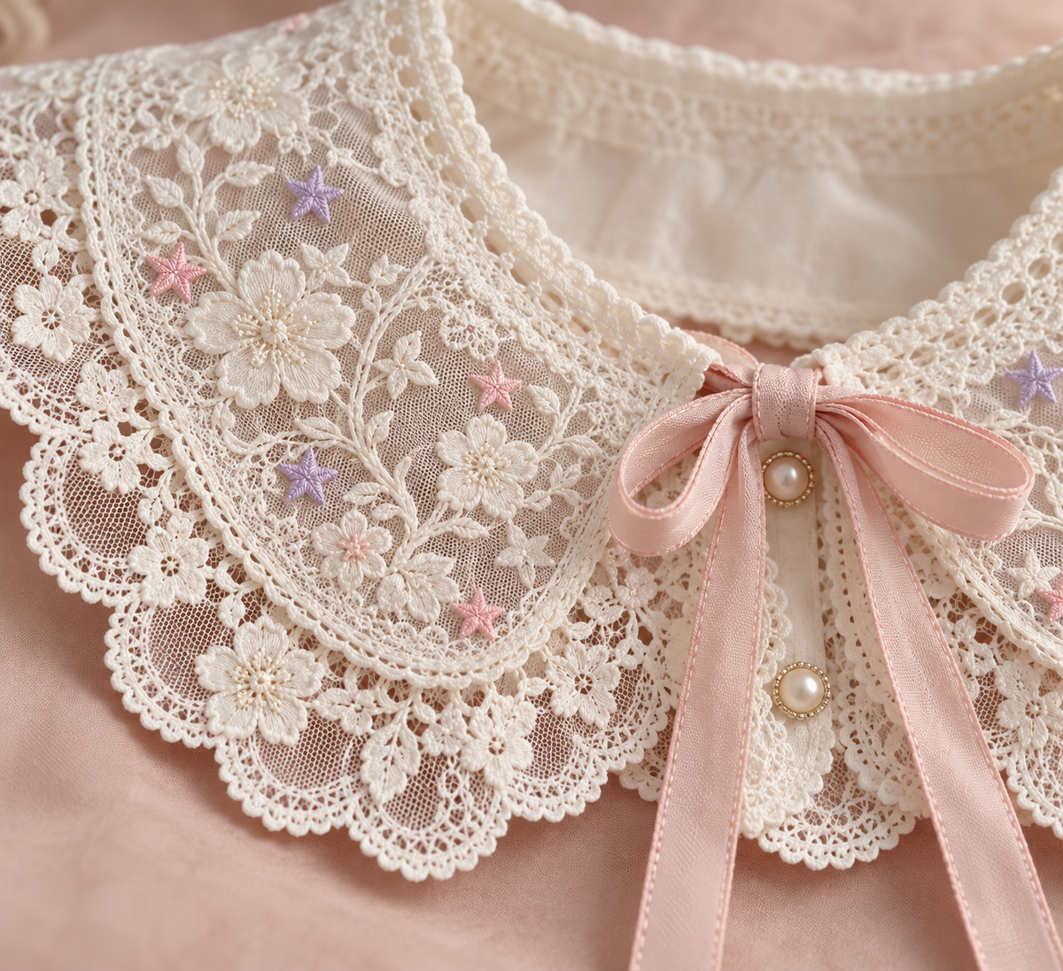 Close-up of lace embroidery, pastel stars, and ribbon tie on the Harajuku collar