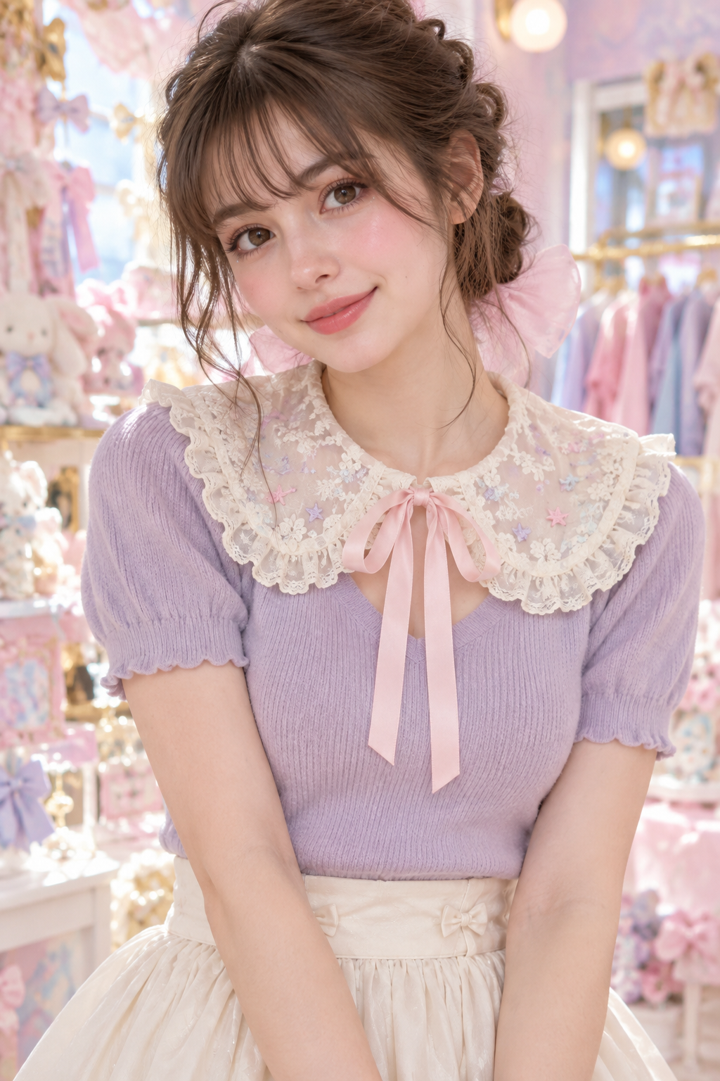 Ivory lace detachable collar with pink ribbon styled over a lavender top