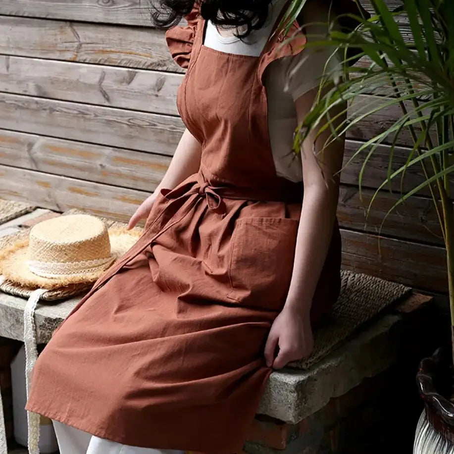 Brown Ruffle Sleeve Japanese Apron