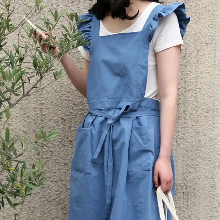 Blue Ruffle Sleeve Japanese Apron