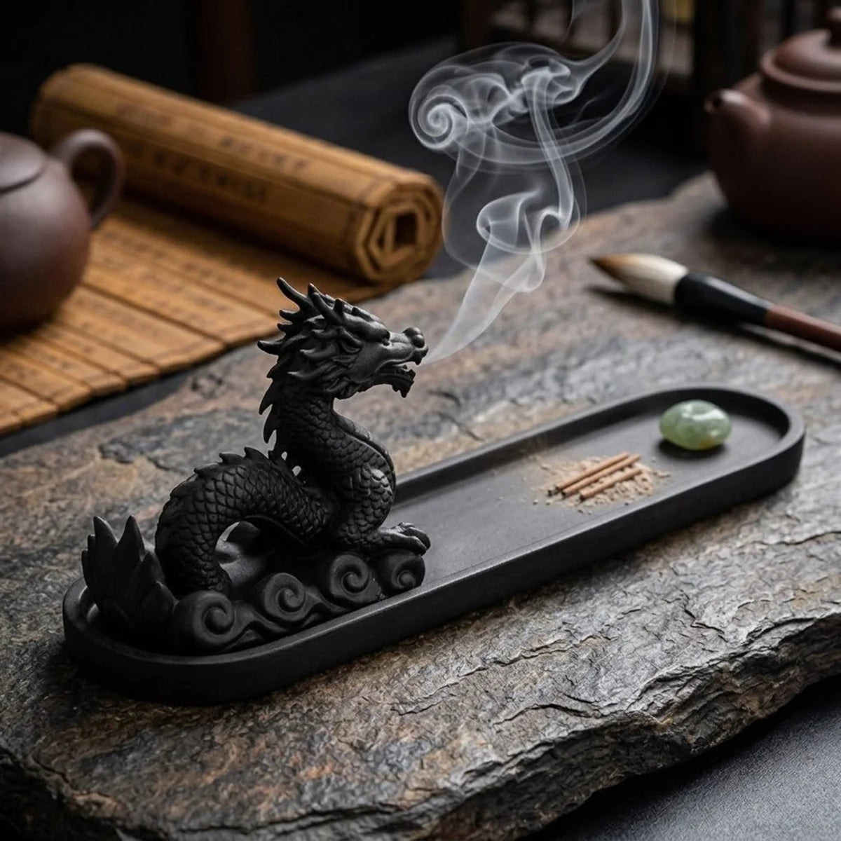Close-up of the dark dragon incense holder on a textured stone surface
