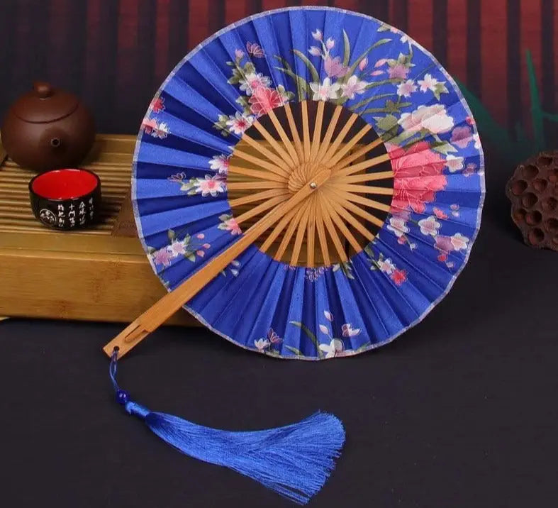 Blue Flowers Round Hand Fan