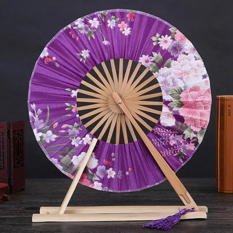 Purple Flowers Round Hand Fan