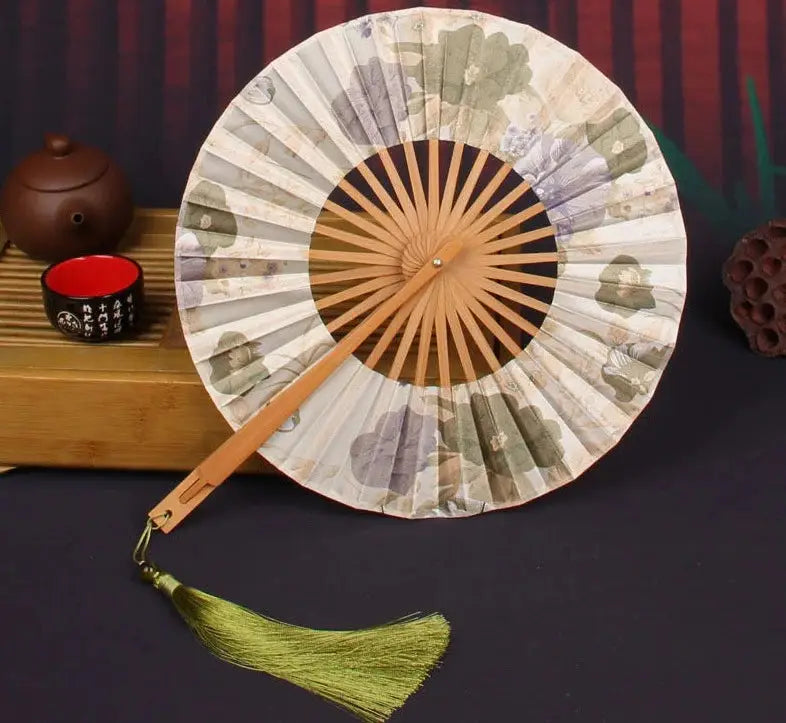 Beige Flowers Round Hand Fan