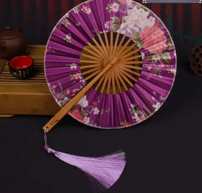 Purple Flowers Round Hand Fan