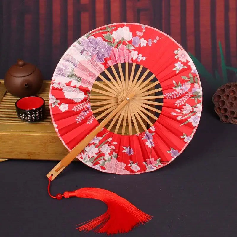 Red Flowers Round Hand Fan