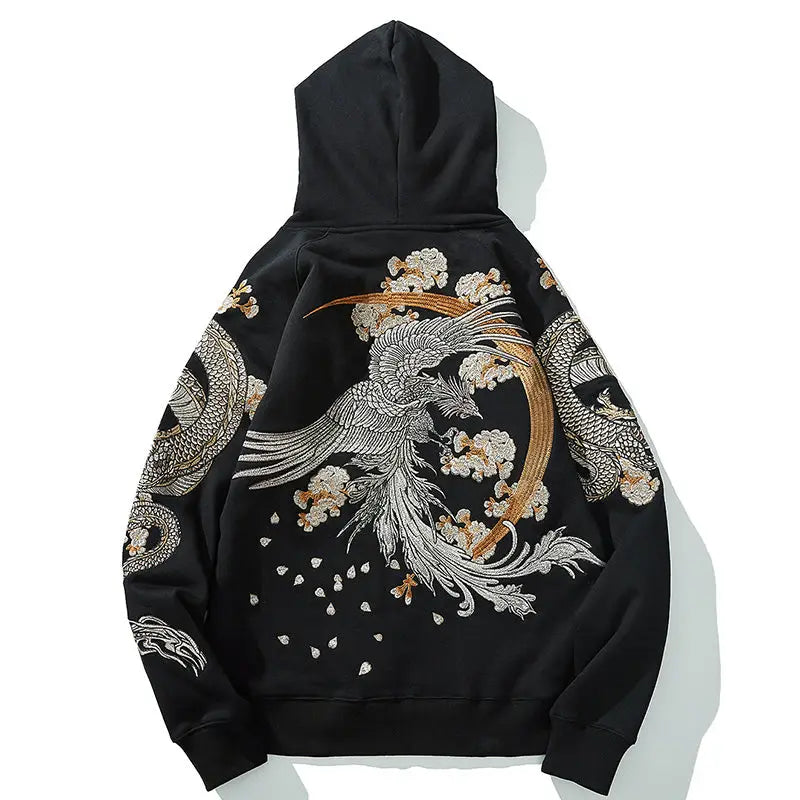 Sweat à capuche brodé Golden Moon Phoenix