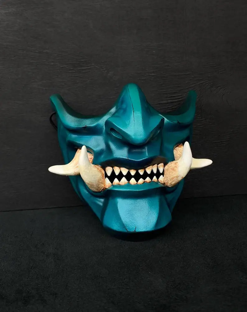 Teal Blue Oni Demon Samurai Mask