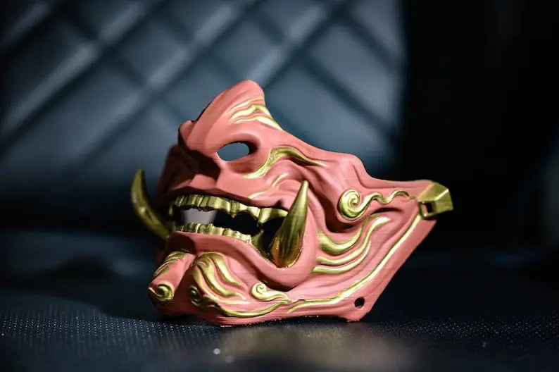 Demi-masque de samouraï Oni corail doré