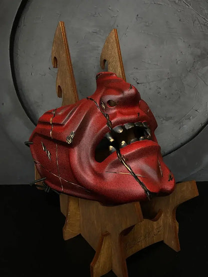 Damaged Red Oni Samurai Menpo Mask