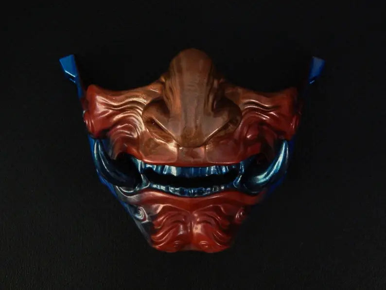 Masque de samouraï Oni rouge et bleu