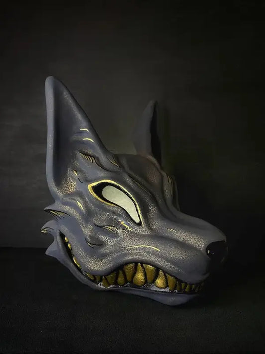 Maschera integrale Kitsune Fox grigia e dorata