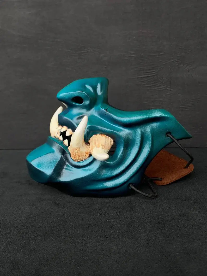 Masque de samouraï démon Oni bleu sarcelle