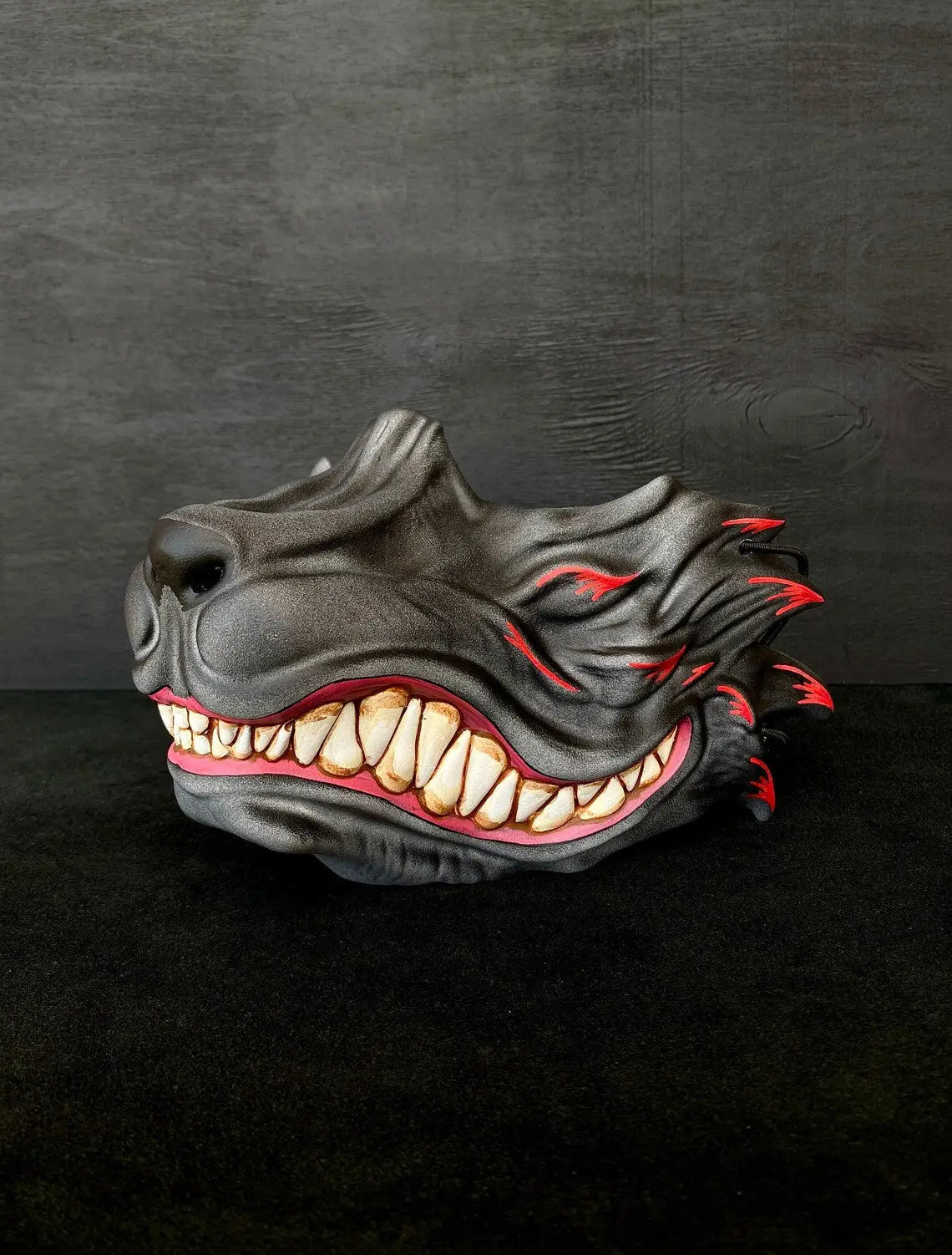 Grey and Red Kitsune Fox Fangs Half Mask