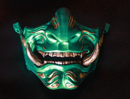 Maschera da samurai demone Oni oro e verde