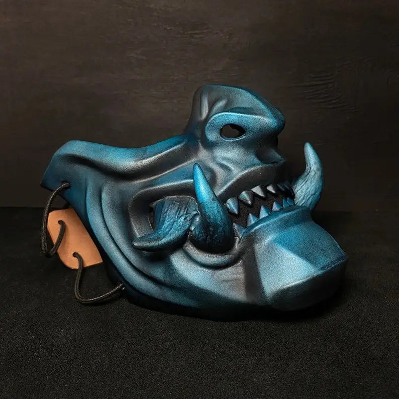 Metallic Blue Oni Demon Samurai Mask