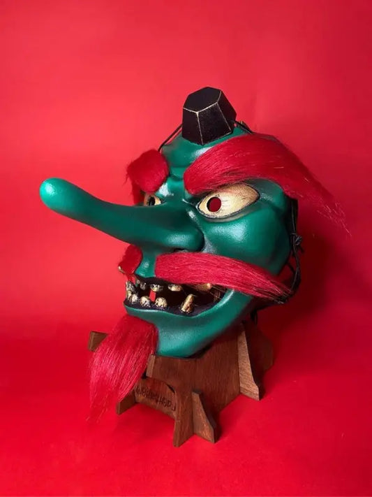 Red Hair Green Tengu Mask