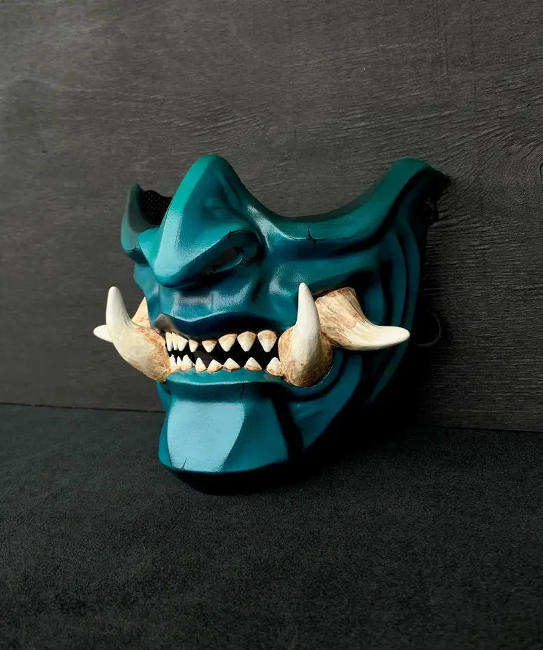Teal Blue Oni Demon Samurai Mask