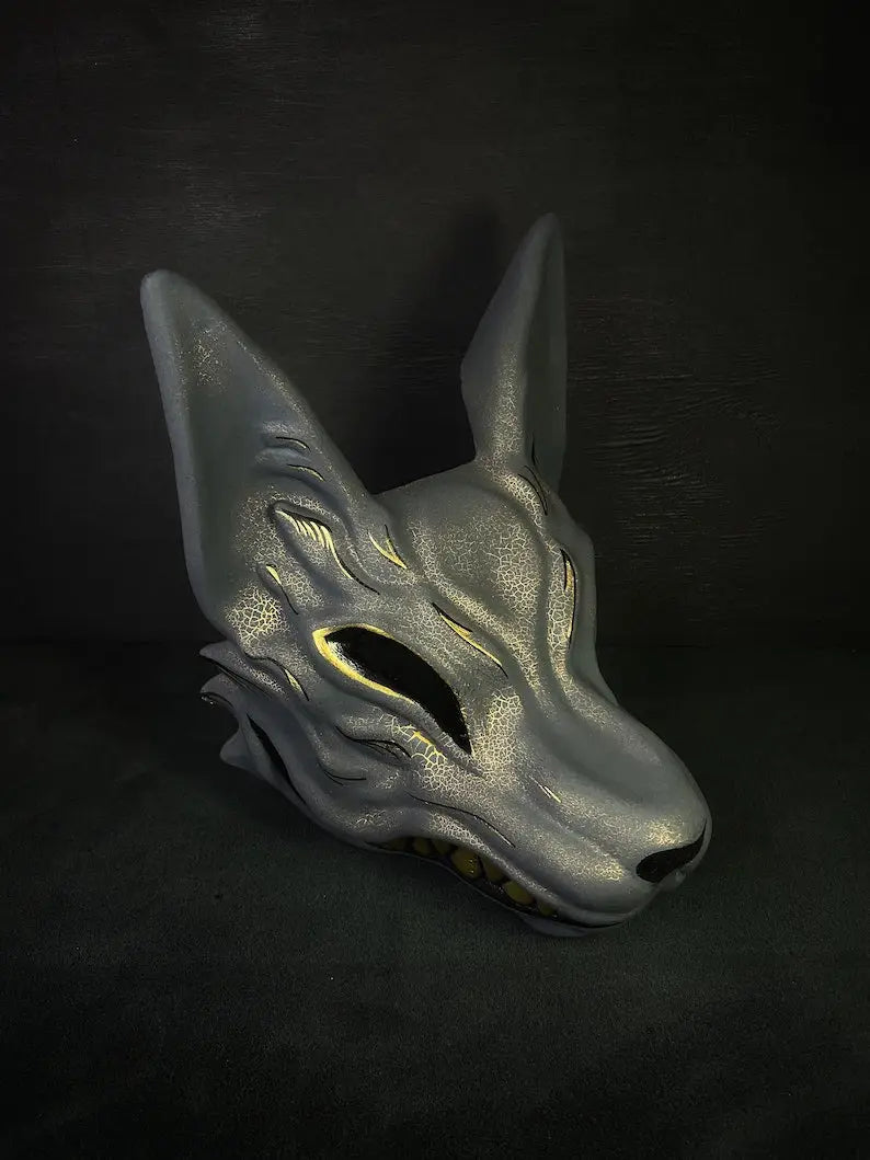 Grey and Gold Kitsune Fox Full Face Mask