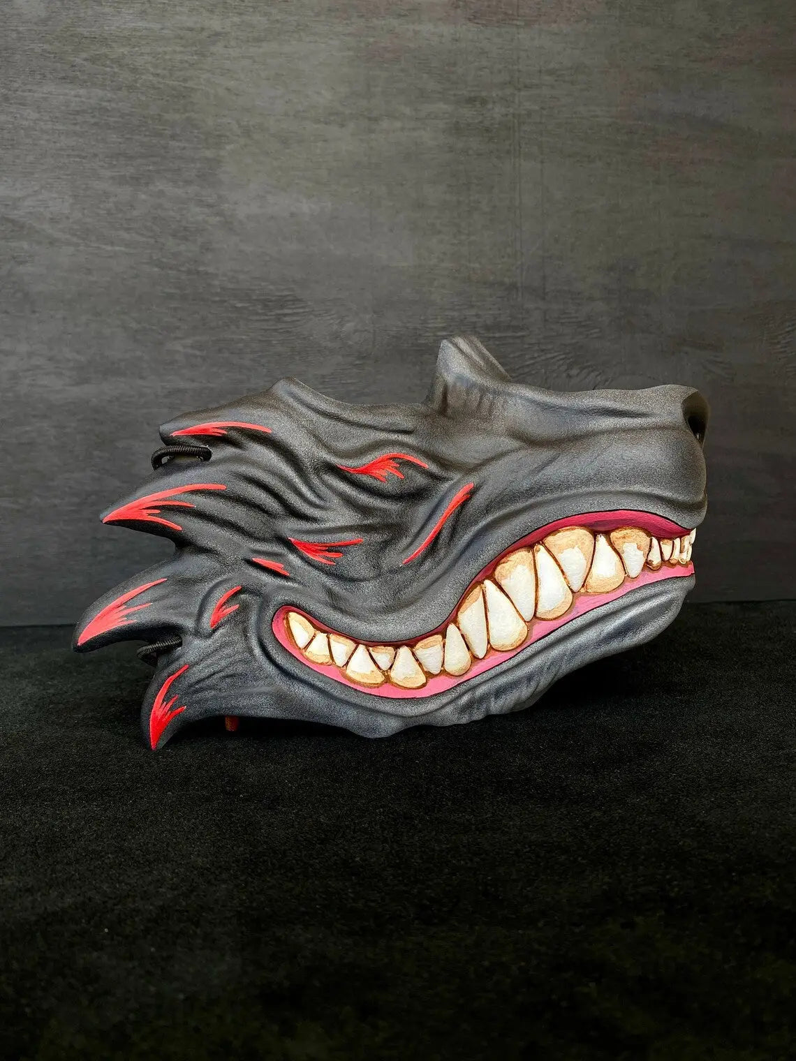 Grey and Red Kitsune Fox Fangs Half Mask