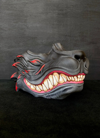 Grey and Red Kitsune Fox Fangs Half Mask