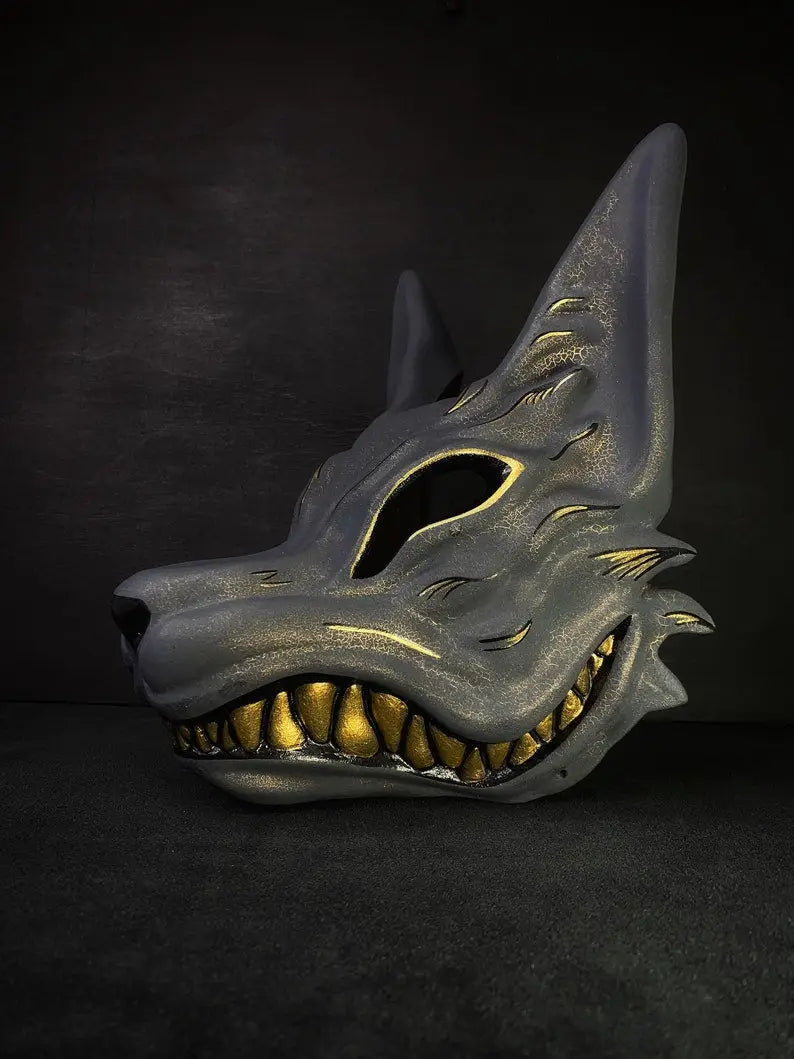 Grey and Gold Kitsune Fox Full Face Mask