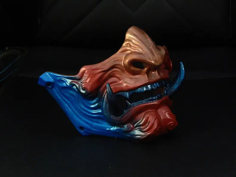 Masque de samouraï Oni rouge et bleu