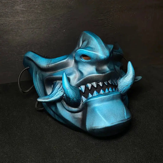 Maschera da samurai demone Oni blu metallizzato
