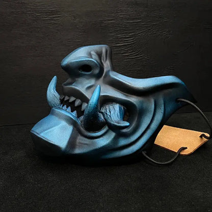 Metallic Blue Oni Demon Samurai Mask