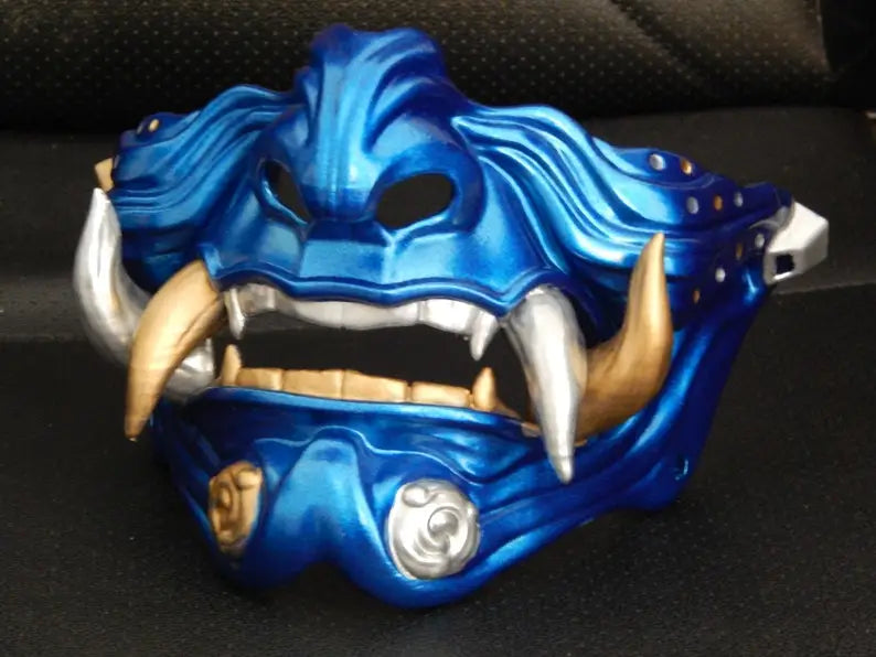 Masque de samouraï Oni bleu argent or