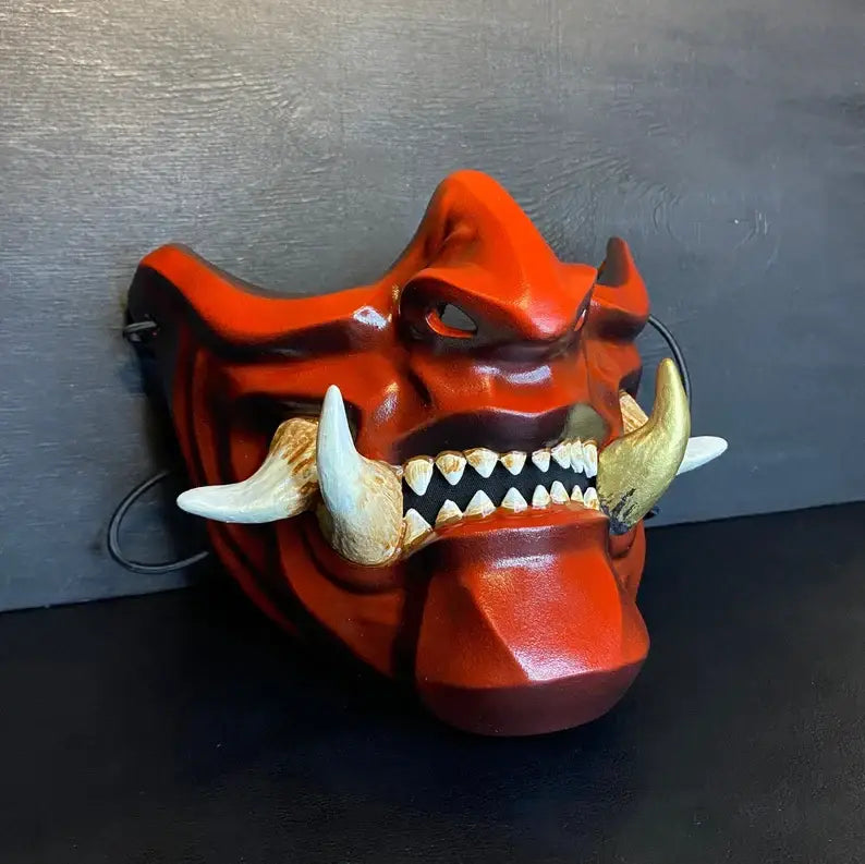 Masque de samouraï démon Oni rouge sang