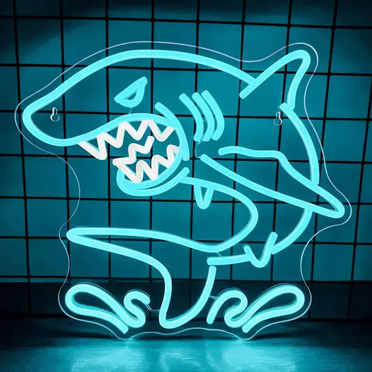 Insegna al neon blu dello squalo arrabbiato