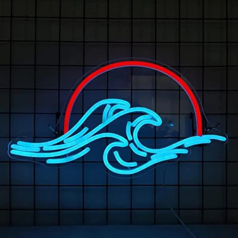 Red Sun Blue Waves Neon Sign