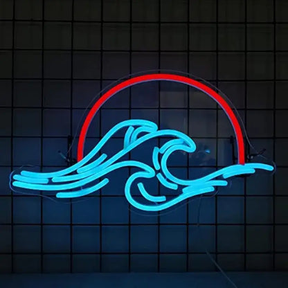 Red Sun Blue Waves Neon Sign
