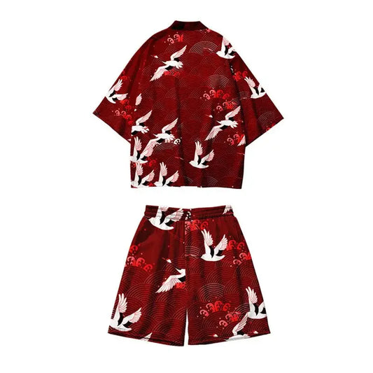 Red Cranes Waves Haori Shorts Set