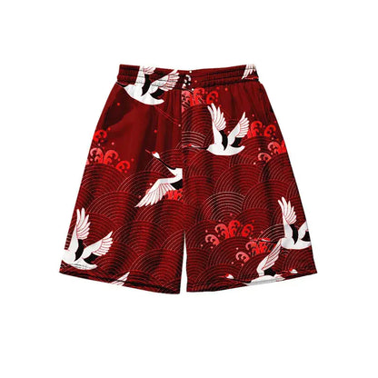 Red Cranes Waves Haori Shorts Set