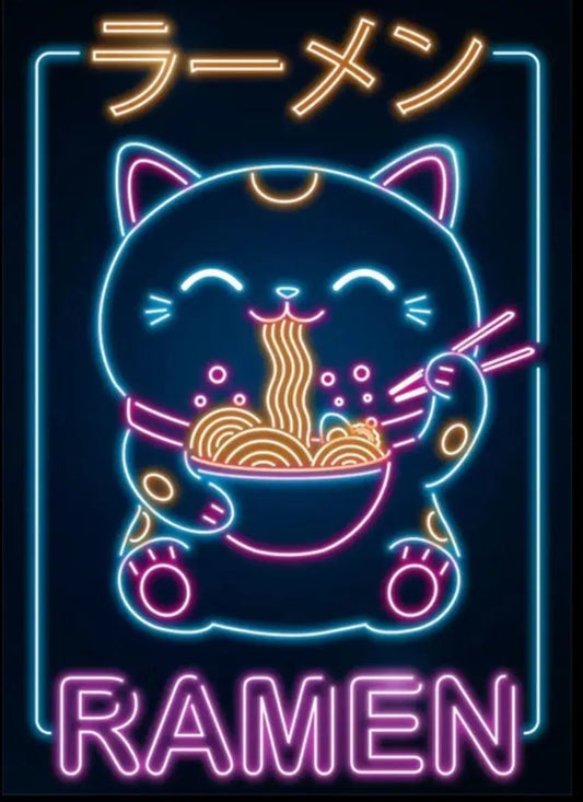Kawaii Cat Ramen Néon Poster