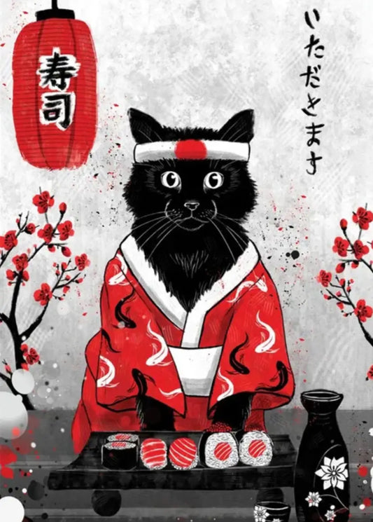 Cat Sushi Master Ink Wash Poster