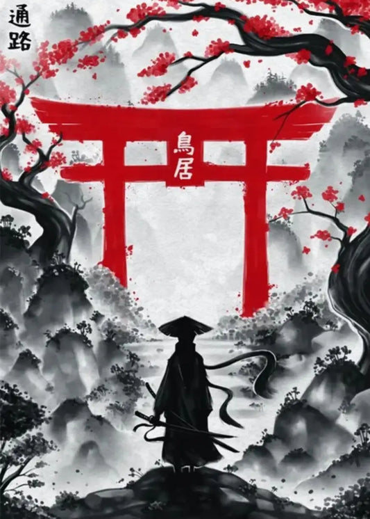 Red Torii Gate Shinobi Ink Wash Poster