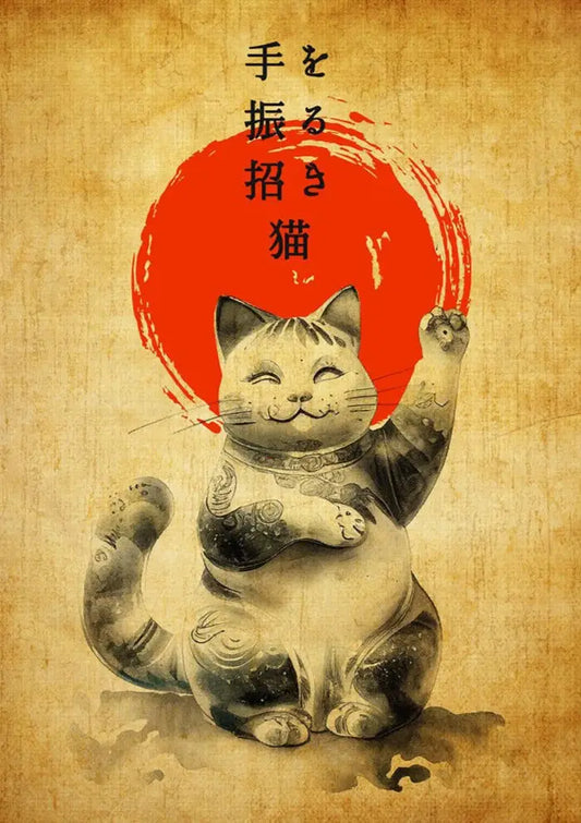 Maneki Neko Chat Vintage Poster