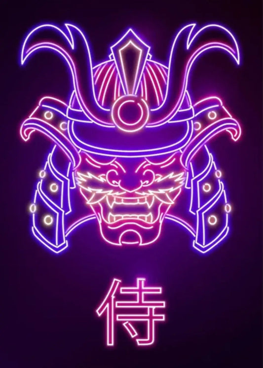 Poster al neon del casco samurai
