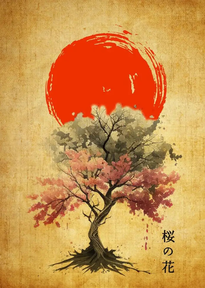 Póster Vintage del árbol de Sakura en flor de cerezo