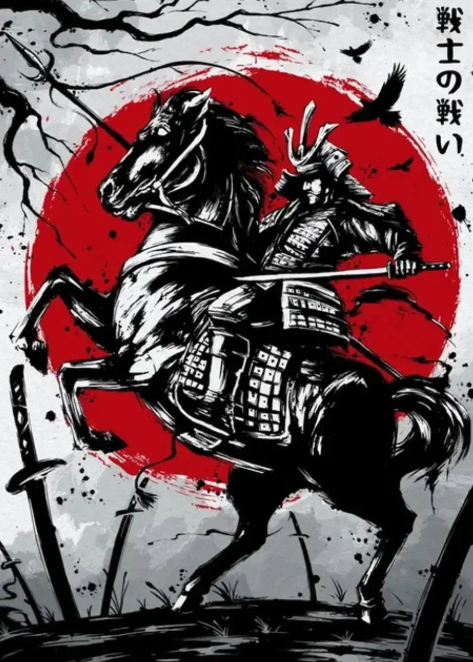 Lavado de tinta Samurai Horse Rider Póster