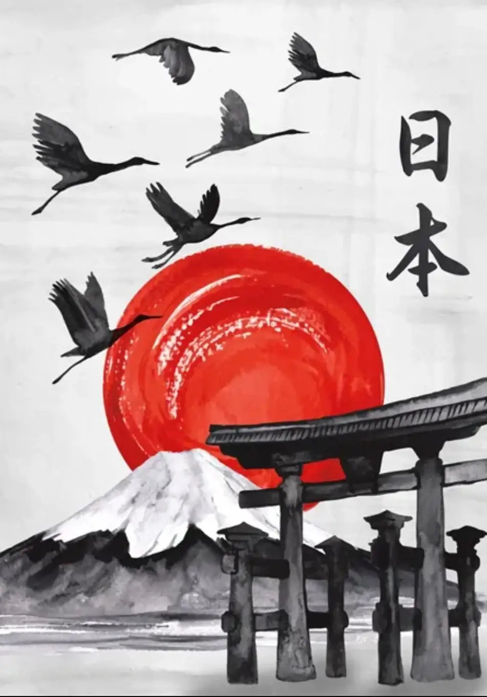 Mount Fuji Crane Birds Ink Wash Poster