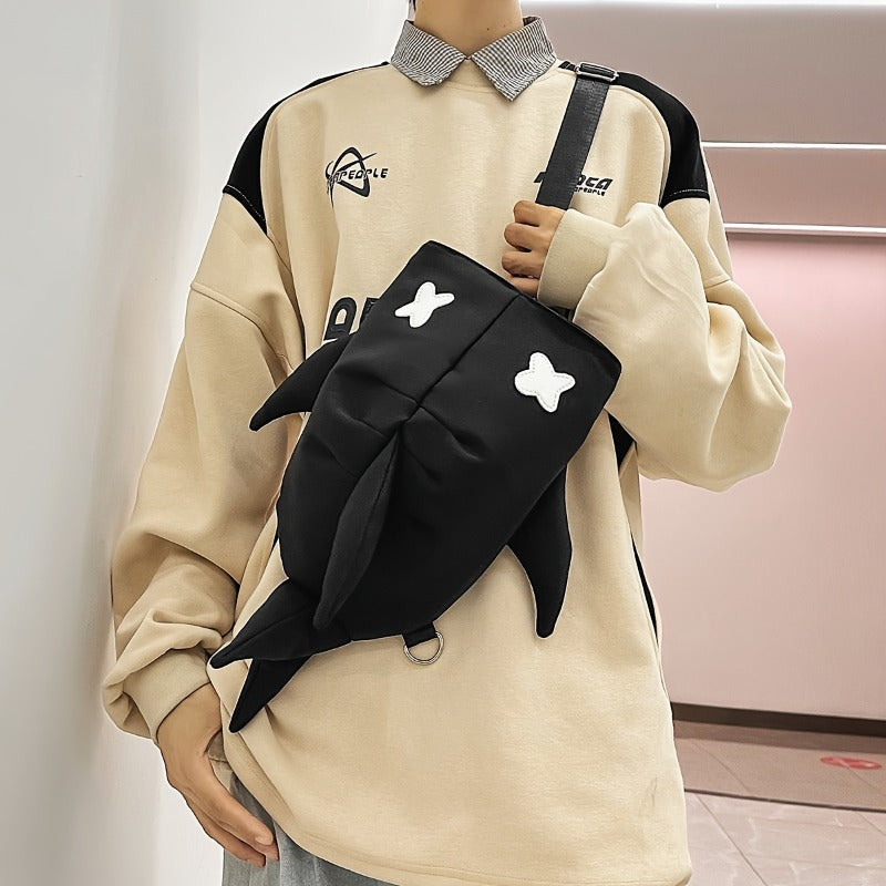 Japanese Shark Sling Bag worn in black