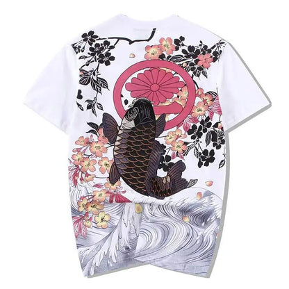 Crimson Blossom Koi Fish Embroidery T-Shirt